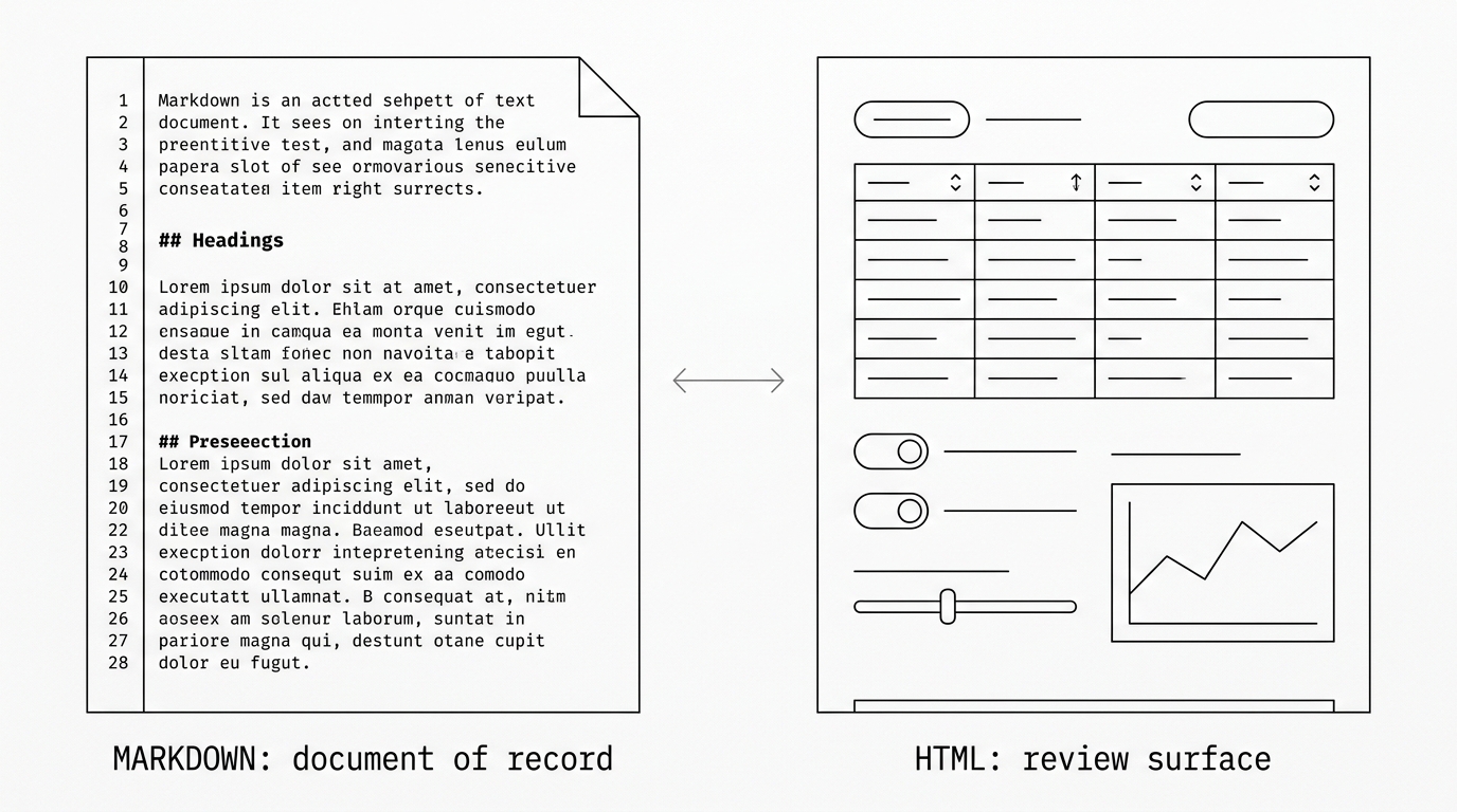 Markdown document of record on the left; interactive HTML review surface on the right