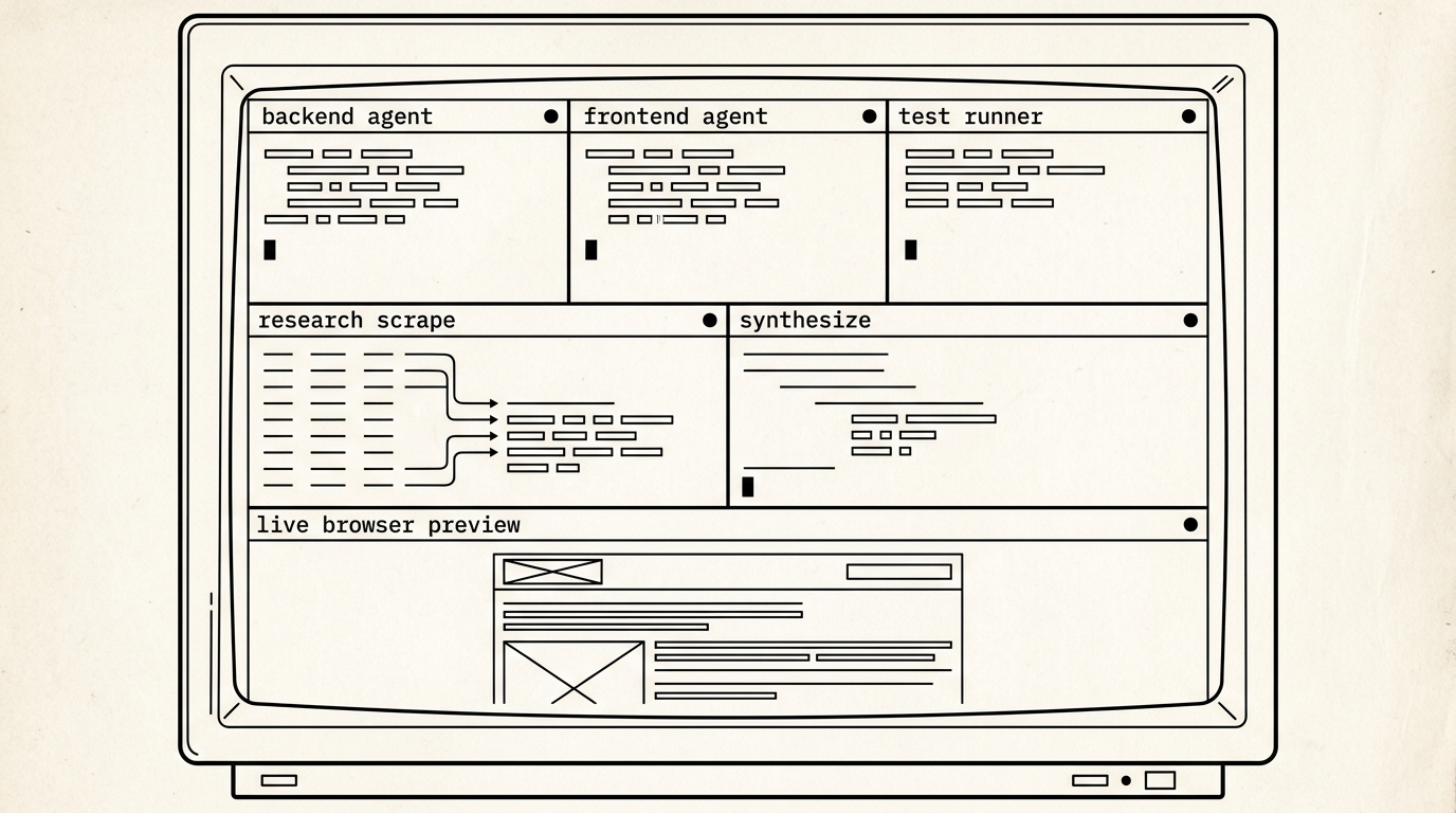The agent workstation: tiled terminals + live browser preview
