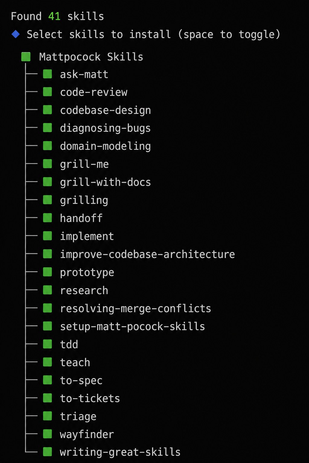 Selecting Matt Pocock skills in the installer
