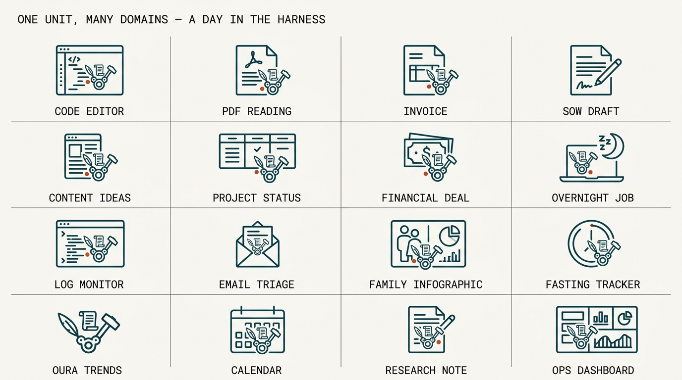 Small-multiples grid: the same harness icon repeated across sixteen everyday domains — code editor, PDF reading, invoice, SOW draft, content ideas, project status, financial deal, overnight job, log monitor, email triage, family infographic, fasting tracker, Oura trends, calendar, research note, ops dashboard. One unit, many domains.