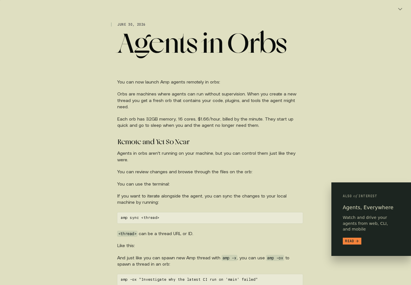 Amp's Agents in Orbs announcement — remote machines that run threads unsupervised, billed by the minute