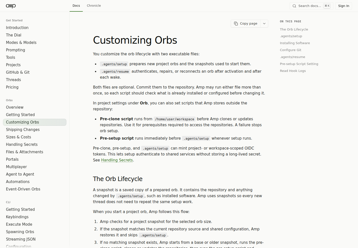 Amp docs — Customizing Orbs: .agents/setup, .agents/resume, pre-clone and pre-setup scripts, and the snapshot lifecycle