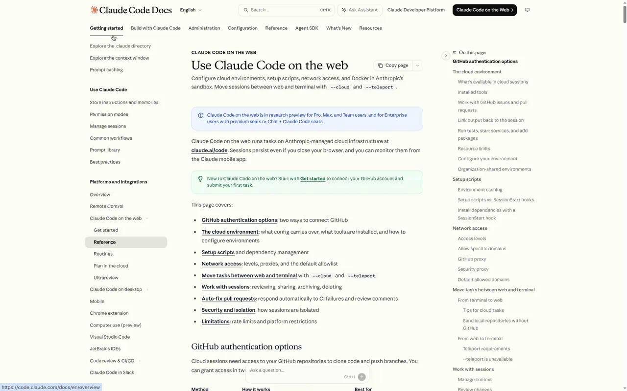 Claude Code on the web docs — environments, network access, setup scripts, and teleport