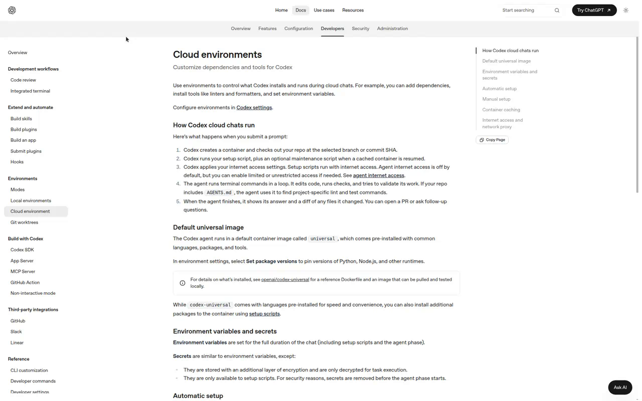 Codex cloud environments — universal image, setup scripts, and the setup/agent phase split