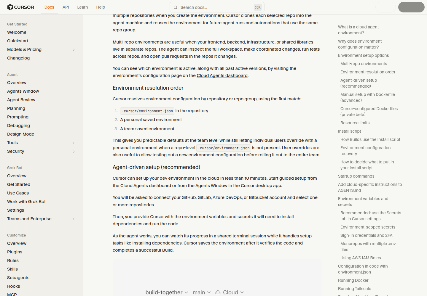 Cursor docs — environment resolution order and agent-driven setup: connect the repo, supply secrets, watch the shared terminal, Cursor saves after a successful Build