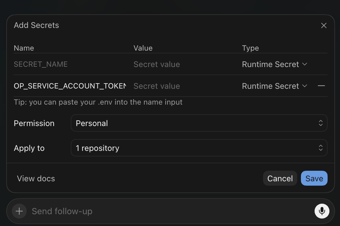 Cursor's setup agent prompting for secrets — Add Secrets dialog with name/value rows, a Runtime Secret type per row, paste-your-.env support, and per-repo scoping