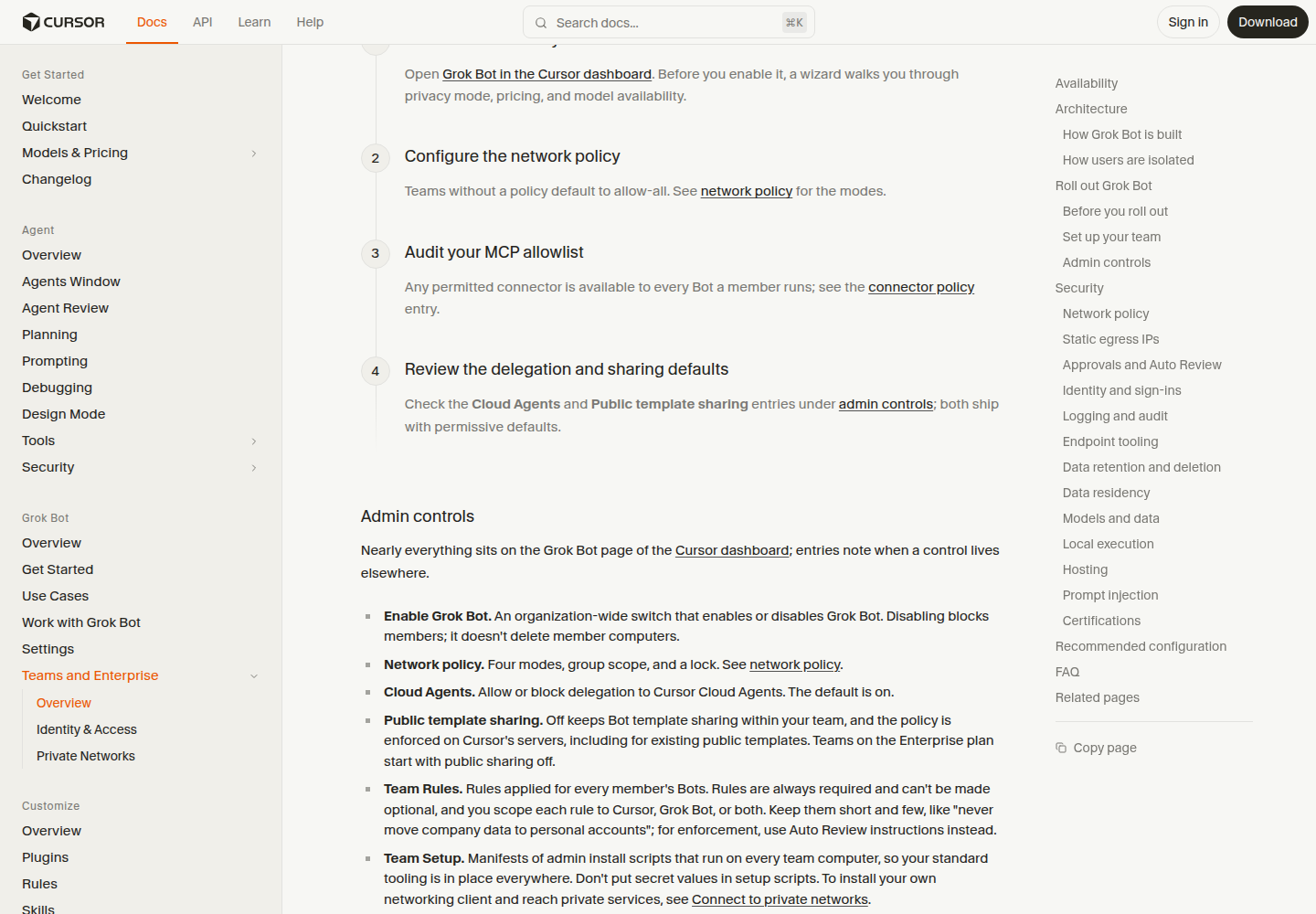Cursor's Grok Bot admin controls — "Cloud Agents: allow or block delegation to Cursor Cloud Agents. The default is on."