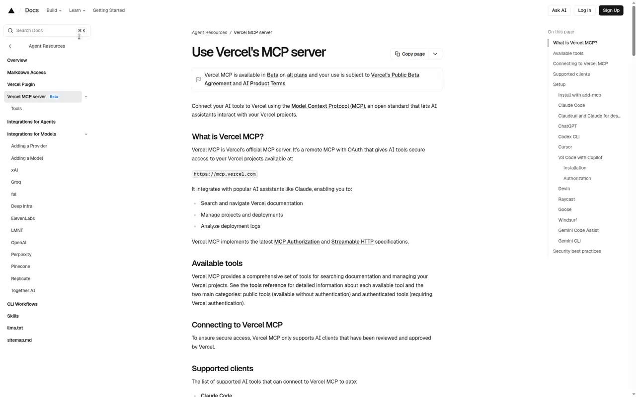 Vercel MCP — the official remote MCP server with OAuth, deployments, logs, and domain tools